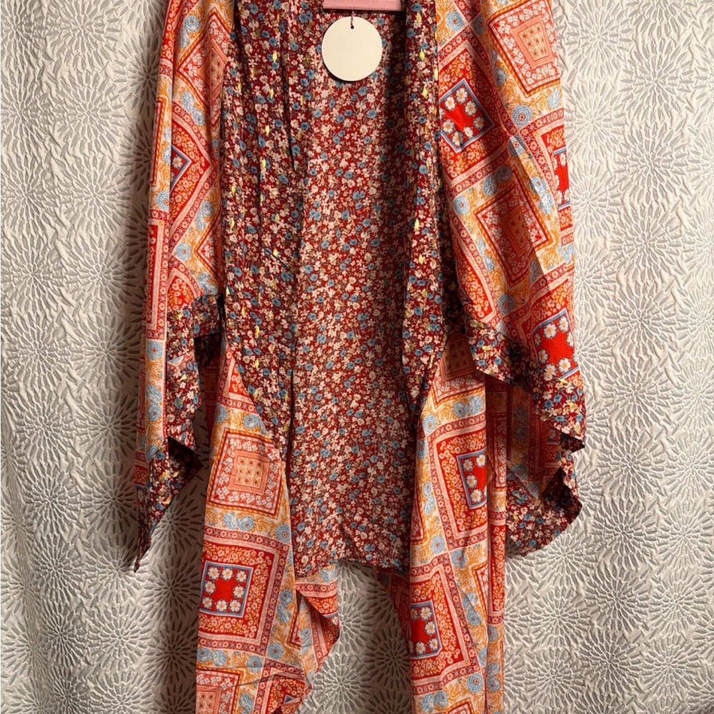 Umgee Red and Orange Boho Floral Patchwork Kimono
